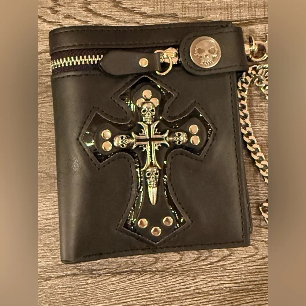Goth Skull Cross Wallet w/ Chain Black Biker Emo Punk Zip Coin Bill Pocket